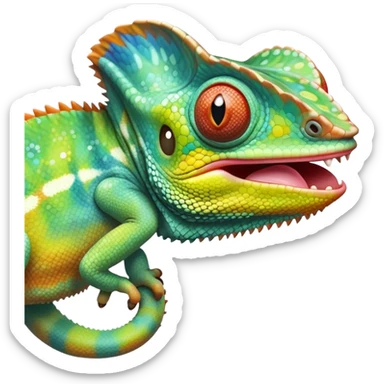 cinematic cute -chameleon-realistic emoji, mouth wide open with tongue out catching prey, -blending-with-vibrant-greenery.-detailed-scales-in-shifting-colors,-showing-the-chameleon’s-ability-to-camouflage.-soft-natural-light-highlights-its-texture.-light-background, zoomed into its face sticker