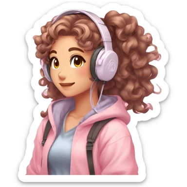 TAN SKIN GAMER GIRL WITH LONG BROWN CURLY HAIR gamingheadset pink kawaii gamer shiny blushing cute kawaii pastel anime trending style pink gaming headset gamergirl pastelcore sticker