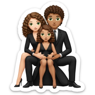Sensual woman green eyes brown long curly hair evil occult,with 7 inch platform stripper high heels long low cut black dress, holding a tan man, sitting on a buzz cut hair brownman’s pimp lap, holdingwomans butt man is wearing a black suit sticker