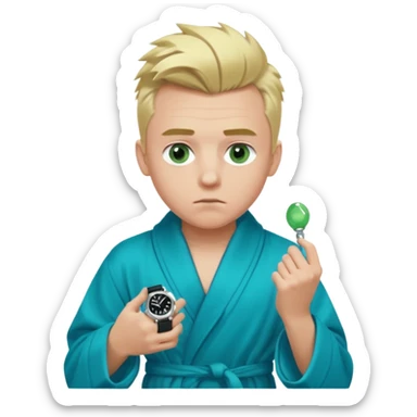 A white man with green eyes, medium-length blond hair in a low mohawk, wearing a blue Cartier watch on his wrist and a luxurious black and white bathrobe, appearing to be about 14 years old, with messy hair and a white pacifier in his mouth. sticker