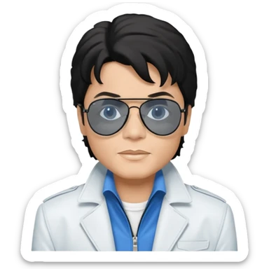 Michael Jackson is white, wearing completely black smokey Ray-Ban glasses, a white jacket, and a blue shirt. sticker