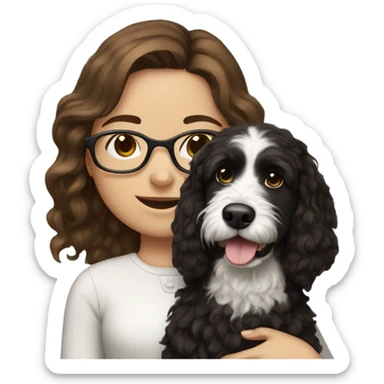 Girl with brown hair and glasses with a black and white bernadoodle dog sticker