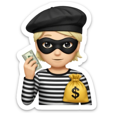 a short ios emoji-style portrait of a classic burglar, a black eye mask (looks like a blindfold) and a black-and-white striped shirt. emoji-like hair, black hat, ONE bag of money 💰 with a dollar sign in a right corner sticker