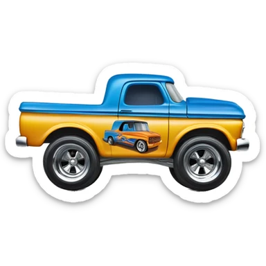 Side shot, Hot wheels, Hot rod, large panel truck, 1964 with exposed chrome exhaust pipes, blue, large wheels in back small front wheels  sticker