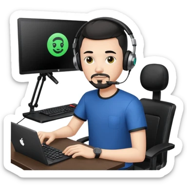 a setup of a youtuber, white skin, thin goatee, black short hair, with a desktop pc on a table, a gaming chair, microphone, white ring light sticker