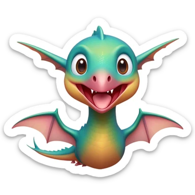 Cinematic Cute Pterodactyl Portrait Emoji, Head tilted playfully with a charming smile, featuring a diminutive, agile form with delicately curved wings and wide, sparkling eyes full of endearing wonder, Simplified yet irresistibly adorable features, highly detailed, glowing with a warm, inviting pastel glow, high shine, affectionate and lively, stylized with a touch of whimsical prehistoric charm, soft glowing outline, capturing the essence of a mischievous yet lovable Pterodactyl that seems as if it could flutter out of the screen into your arms! sticker