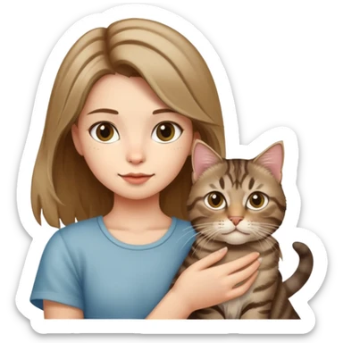 A girl holding a long-haired tabby cat and a short-haired tabby cat sticker