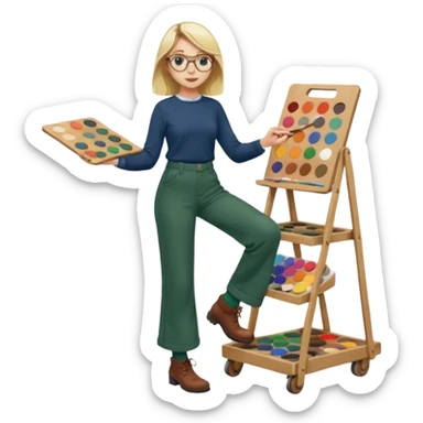 Fille blonde, pantalon ample vert foncé. Lunettes ronde fine. Bottines marrons. Elle pousse une palette remplie de chaussettes  sticker