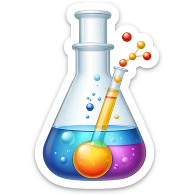 An icon featuring a chemical flask, bubbling with liquid, and an atomic structure, symbolizing chemistry. The design includes molecules, a periodic table, and laboratory equipment, representing the study of chemical reactions and elements. Transparent background highlights scientific research. sticker