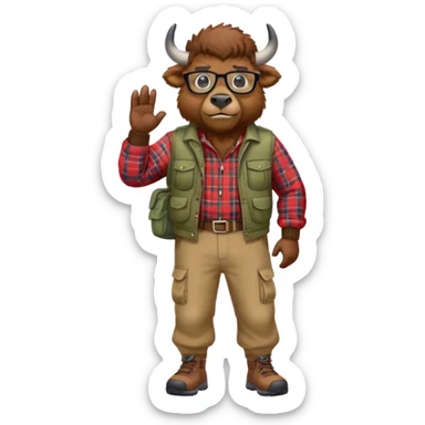 friendly anthropomorphised bison in cargo pants and plaid shirt, wearing glasses, jogging upright sticker