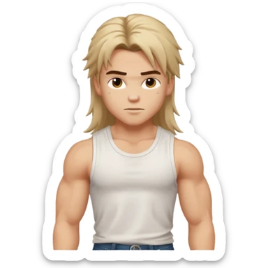 generate a pretty bratz boy with messy long mullet hair, sleeveless white tshirt, big biceps sticker