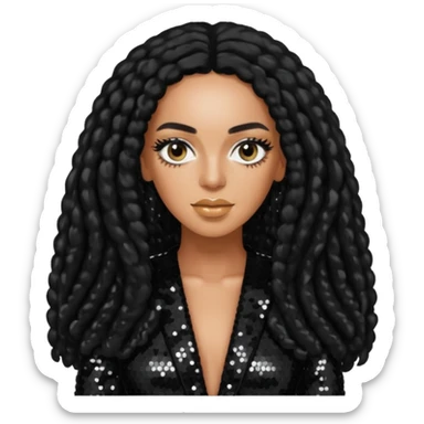 Solange with long black hair, black sequin outfit sticker