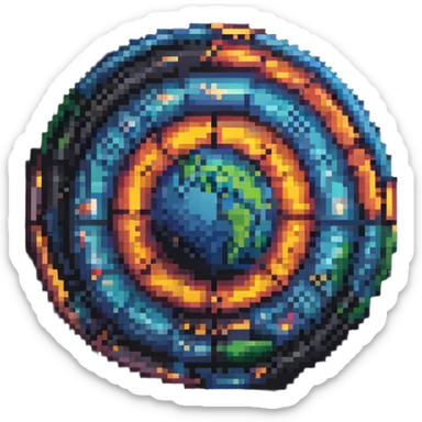 Turn this into a pixel art planet made of movie film strips, vibrant colors, circular shape. sticker
