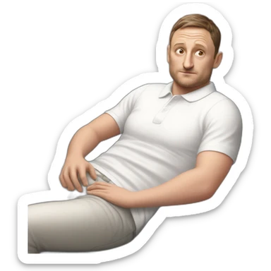 tim robinson very tired laying down on a red couch in a long sleeve white polo shirt, chest up clean shaven, laying flat across couch, arms at side sticker