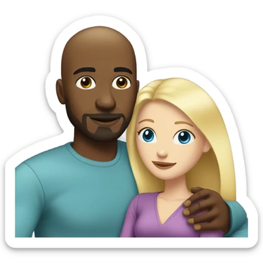 Blonde woman with blue eyes and long straight hair and black man who is bald with a goatee seated together on a sofa enjoying a passionate embrace.   sticker