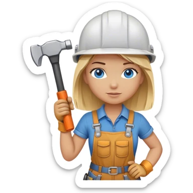 A blond girl blue eyes, handyman Outfit, wearing a Helmet and a Hammer, Whole body  sticker