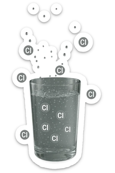 un bicchiere di acqua cade verticalmente dall'alto realistico e dettagliato, dentro l'acqua del bicchiere ci sono particelle di cloro ben visibili con la scritta "Cl" sopra, ci sono particelle anche che escono dal bicchiere e fluttuano in aria verticalmente, mentre alcune sono all'interno dell'acqua nel bicchiere, iperrealistico 4k sticker
