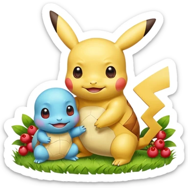Two Pokémon are playing in a field. Pikachu has a light to share, but Squirtle has none. Pikachu sees this is unfair, so he shares the berries with Squirtle. They smile and eat together. Show this as a cute Pokémon emoji scene about justice and fairness.

 sticker