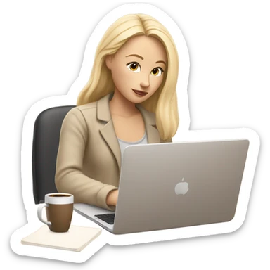 A blonde girl working on her laptop in a beige aesthetic setting. The scene features soft, warm tones with minimalist decor, such as a neutral beige desk, a simple coffee cup, and subtle lighting that complements the calming and modern atmosphere. sticker