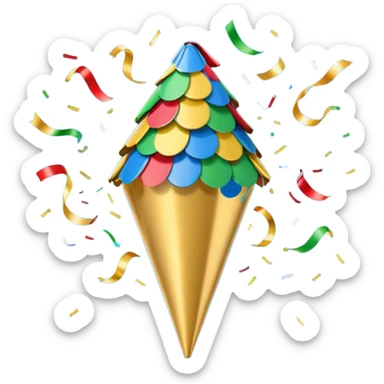 A small cone-shaped party popper tilted to the side, usually gold or yellow with diagonal stripes. It bursts open at the top, releasing colorful confetti and streamers in blue, red, yellow, or green. Represents celebrations, parties, excitement, or congratulations. sticker