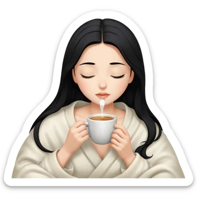 black hair girl long hair inside a white milky satin blanket sipping coffee eyes closed sticker