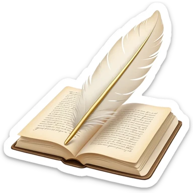 Create a delicate and elegant emoji representing poetry. The design should feature several gracefully flying pages with short poetic lines written on them. A white feather quill should be gently resting on one of the pages or floating nearby, symbolizing creativity and inspiration. The pages should look soft and flowing, evoking the fluid nature of poetry. Use a subtle color palette with white, light pastels, and a touch of gold for accents. Make the background transparent. sticker