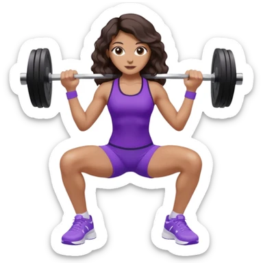 mujer de tez trigueña, con cabello castaño oscuro ondulado con pequeñas ondas, con el cabello super largo hasta las rodillas estilizado, con ropa deportiva morada/lila, tenis blancos deportivos y levantando una pesa sticker