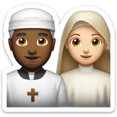 a young caucasian priest with a reddish beard and an african american nun side by side sticker