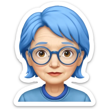 old lady with blue hair, wearing glasses, slight curl sticker