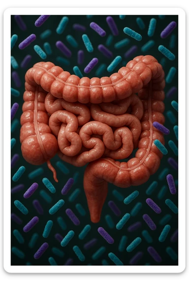 intestino umano anatomico realistico pieno di batteri intestinali viola e turchesi che gli fluttuano intorno, IPERREALISTICA 4K sticker