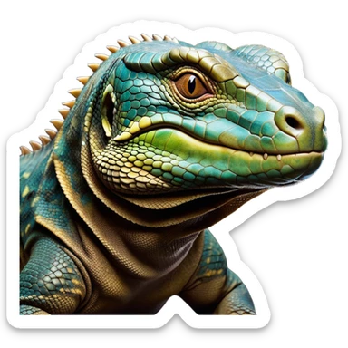Cinematic Realistic Comical Komodo Dragon Portrait Emoji, Head tilted dramatically with an exaggeratedly amused expression, featuring a striking, glossy scaled hide with bold textures and wide, expressive eyes brimming with playful disbelief, rendered with lifelike detail and natural hues, high shine, dramatic yet playful, styled with an air of cheeky reptilian mischief, soft glowing outline, capturing the essence of a spirited and over‐the‐top Komodo dragon that looks ready to charge its way into viral fame! sticker