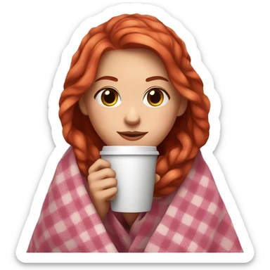 cute auburn red hair girl wrapped in pink plaid blanket drinking coffee sticker