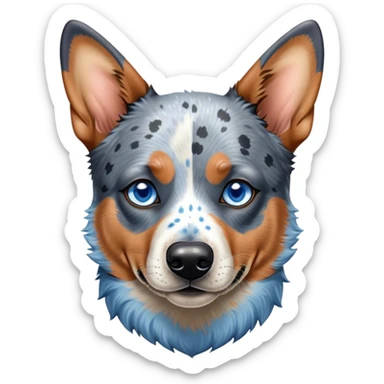 Cinematic Noble Blue Speckle Australian Cattle Dog Portrait Emoji, Poised and regal, with a robust, athletic build and a striking blue speckle Fur, piercing blue eyes, Simplified yet sharp and sophisticated features, highly detailed, glowing with a cool, dignified glow, high shine, intelligent and hardworking, stylized with an air of precision, focused and attentive, soft glowing outline, capturing the essence of a watchful and determined herder, so majestic it feels as though it could leap out of the screen with effortless authority! sticker