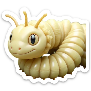 Beautiful and Majestic Caterpillar Portrait Emoji, Head and body rendered in serene repose with a gentle, content smile, showcasing a delicately segmented form with softly textured hues and eyes peacefully closed in tranquil slumber, Simplified yet exquisitely endearing features, highly detailed, glowing with a soft, drowsy natural light, high shine, relaxed and utterly noble, stylized with an air of graceful metamorphosis, soft glowing outline, capturing the essence of a beautiful and majestic caterpillar that embodies the quiet promise of transformation! sticker