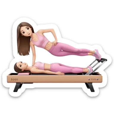 pretty skinny white brunette teen long hair with hazel eyes and a small waist in light pink workout clothes in a plank on a pilates reformer sticker