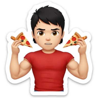 generate a pretty fair bratz boy with a messy mullet (black hair), wearing a red tshirt. eating pizza. He has big biceps and ripped sticker