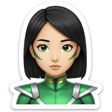 wasian girl in a green Power Ranger suit, black straight hair, black eyes sticker