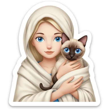A beautiful Caucasian girl wrapped in a blanket holding a Siamese cat sticker