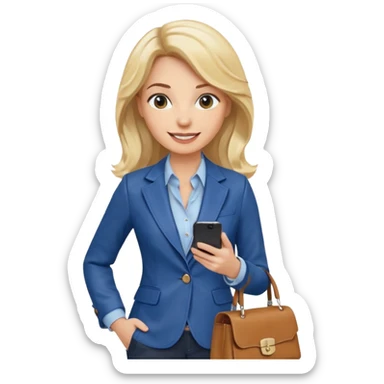 Confident and outgoing female entrepreneur, Caucasian features, medium-length wavy blonde hair, big friendly smile, expressive eyes, wearing a fitted blue blazer over a light blouse, holding a smartphone in one hand and a leather handbag in the other, waist-up, front-facing sticker
