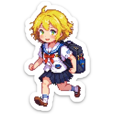 Pixel art anime girl with short bright yellow hair wearing Japanese sailor style school uniform, running energetically with school bag, happy determined expression sticker