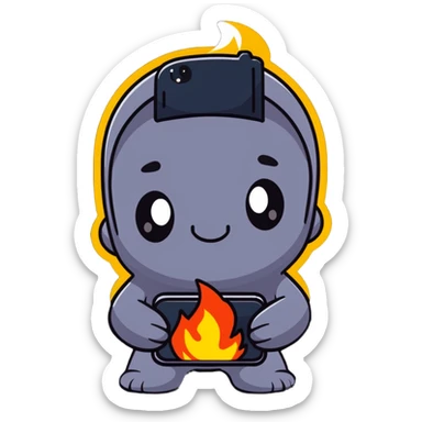 Adorable battle royale character celebrating a victory, with a smartphone showing Free Fire game, surrounded by small stars and flames sticker