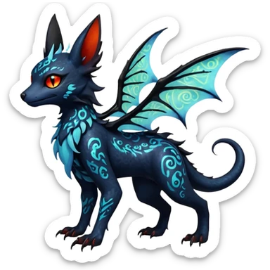 Shiny Fiery Dark Ugly Evil Realistic Glowing Eldritch Horror Cool Edgy Badass Emo Glorious Demonic Batty Dusky Ethereal Sparkly Shimmering Magical Punky Aural Iridescent Fluorescent Bioluminescent Litten-Amaura-Salandit-Noibat-Flareon-Fakémon-fusion (full body) with intricate pattern markings sticker