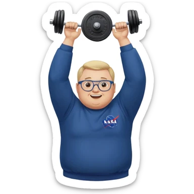 happy chubby man, lifts weights over the head,  blond short and hight receding hairline, wearing a dark blue sweatshirt, nasa logo on the sweatshirt, round glasses without frame, 40 years old sticker