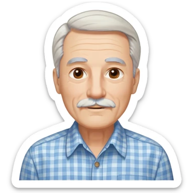 Man in his 70s with fair skin and gentle wrinkles. Long face with warm smile. Soft light brown eyes. Thin gray eyebrows. White goatee beard connected to mustache. Straight white hair combed back, longer on sides. Wearing a light blue and beige checkered button-up shirt. sticker