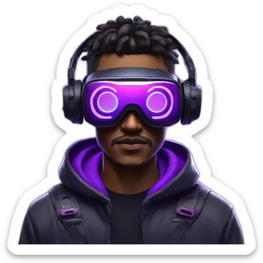 Cyberpunk style. Violet neon. Man with light skin in the black hoody with violet OMG VR logo on it wearing vr headset oculus quest 2 sticker