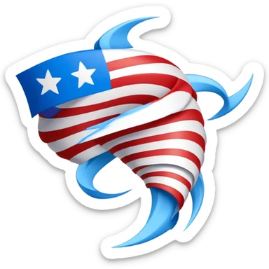 Crear un emoji de un Ciclon o Tornado en forma de embudo espiral que tenga 2 banderas  cruzadas sobre el emoji del Ciclon o Tornado. La bandera debe ser de color rojo y azul. Cada una de las banderas debe tener 2 lineas horizontales de color rojo y 2 lineas horizontales de color azul. sticker