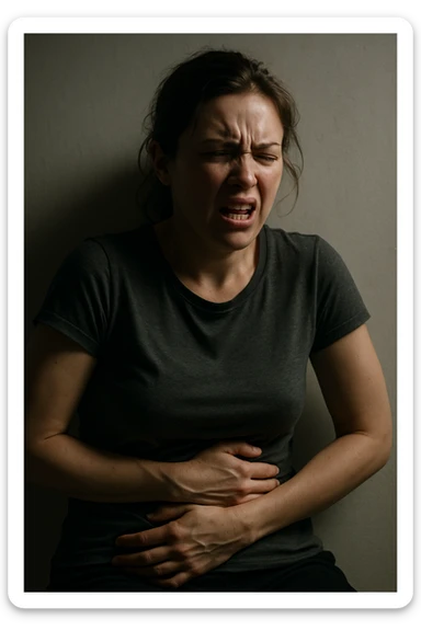realistic and cinematic image of a woman with severe cramps and irritability from premenstrual syndrome, realistic details, clinical dramatic lighting, no text, vertical format 2:3 sticker