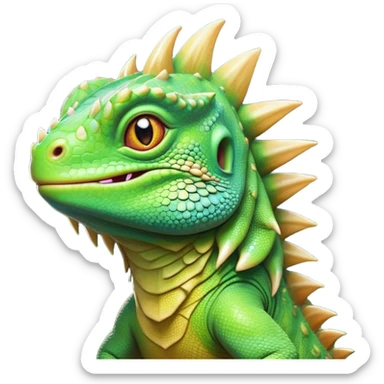 Cinematic Cute Iguana Portrait Emoji, Head tilted playfully and inquisitively, featuring a delightfully vibrant, textured body with a subtle spiky crest and large, sparkling eyes full of gentle wonder, Simplified yet irresistibly adorable features, highly detailed, glowing with a warm, inviting jungle glow, high shine, affectionate and lively, stylized with a touch of whimsical reptilian charm, soft glowing outline, capturing the essence of a mischievous yet loving iguana that seems as if it could scurry out of the screen into your arms! sticker
