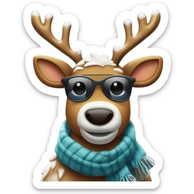 “A cool reindeer with sleek antlers wrapped in Christmas lights, wearing sunglasses and a scarf, in a snowy setting.” sticker