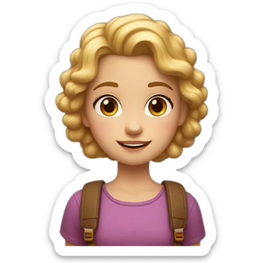 Estilo pixar, niña de ocho años de edad, pelo color rubio liso con las puntas rizadas, ojos marrones, con una mochila del colegio sticker